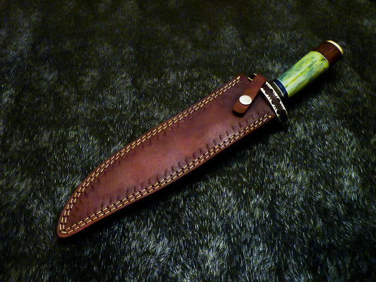 Hand Forged Damascus Bowie Hunting Knife – Stained Bone Handle, 15" Overall
