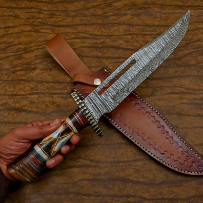 Heritage Forge Custom Handmade Damascus Steel Bowie Hunting Knife Bone Wood Handle
