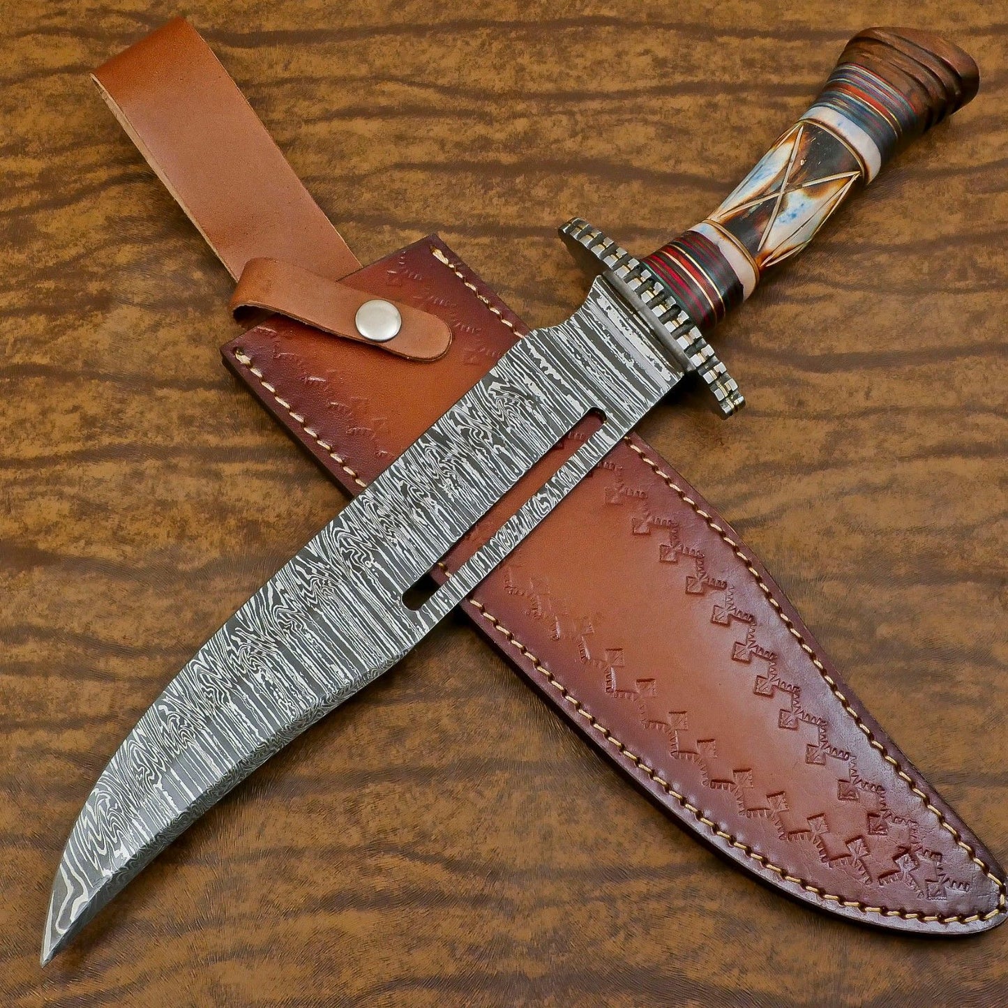 Heritage Forge Custom Handmade Damascus Steel Bowie Hunting Knife Bone Wood Handle