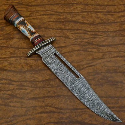 Heritage Forge Custom Handmade Damascus Steel Bowie Hunting Knife Bone Wood Handle