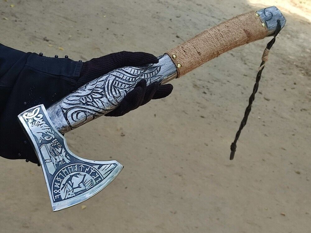 Handmade Etched Carbon Steel Viking Throwing Axe with Ashwood Carved Paracord Handle and Leather Sheath