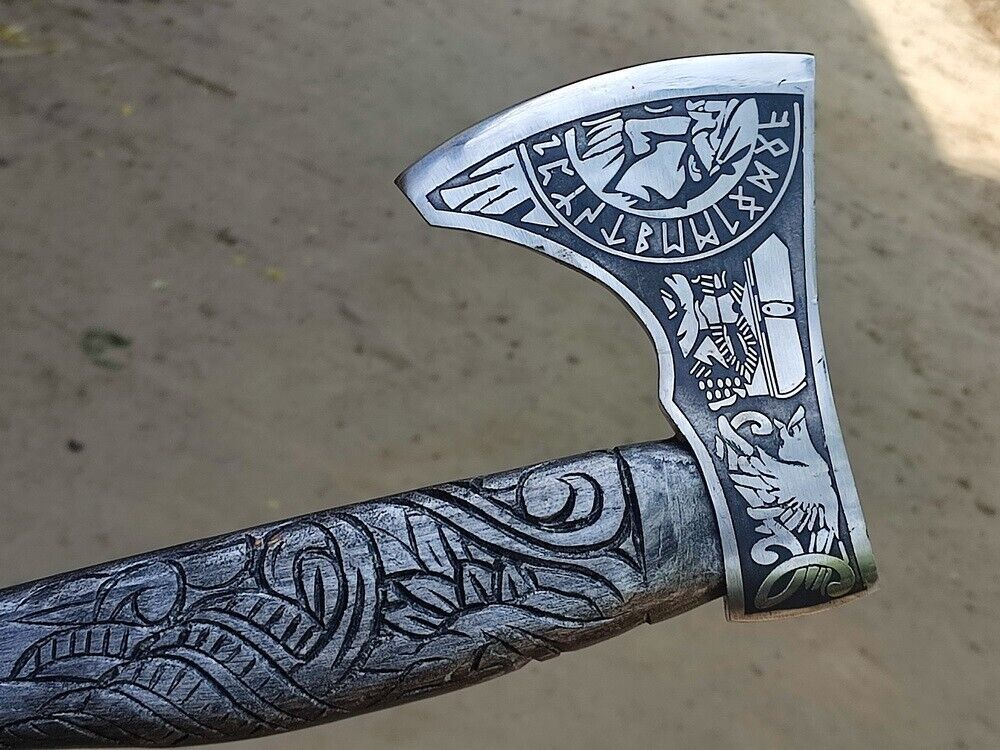Handmade Etched Carbon Steel Viking Throwing Axe with Ashwood Carved Paracord Handle and Leather Sheath