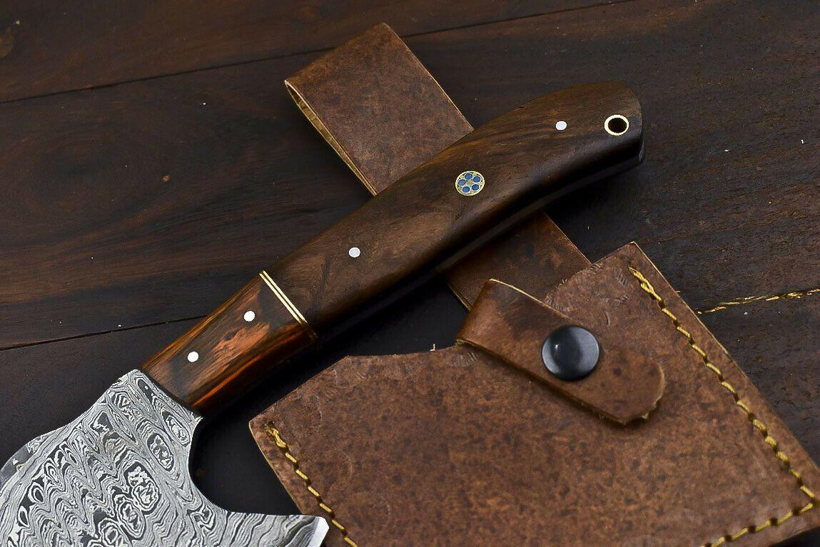 Rare Handmade Damascus Steel Walnut Wood Hunting Clever Chopper Axe Knife with Leather Sheath