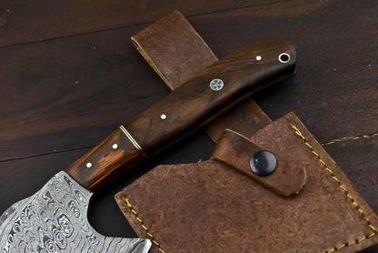 Rare Handmade Damascus Steel Walnut Wood Hunting Clever Chopper Axe Knife with Leather Sheath