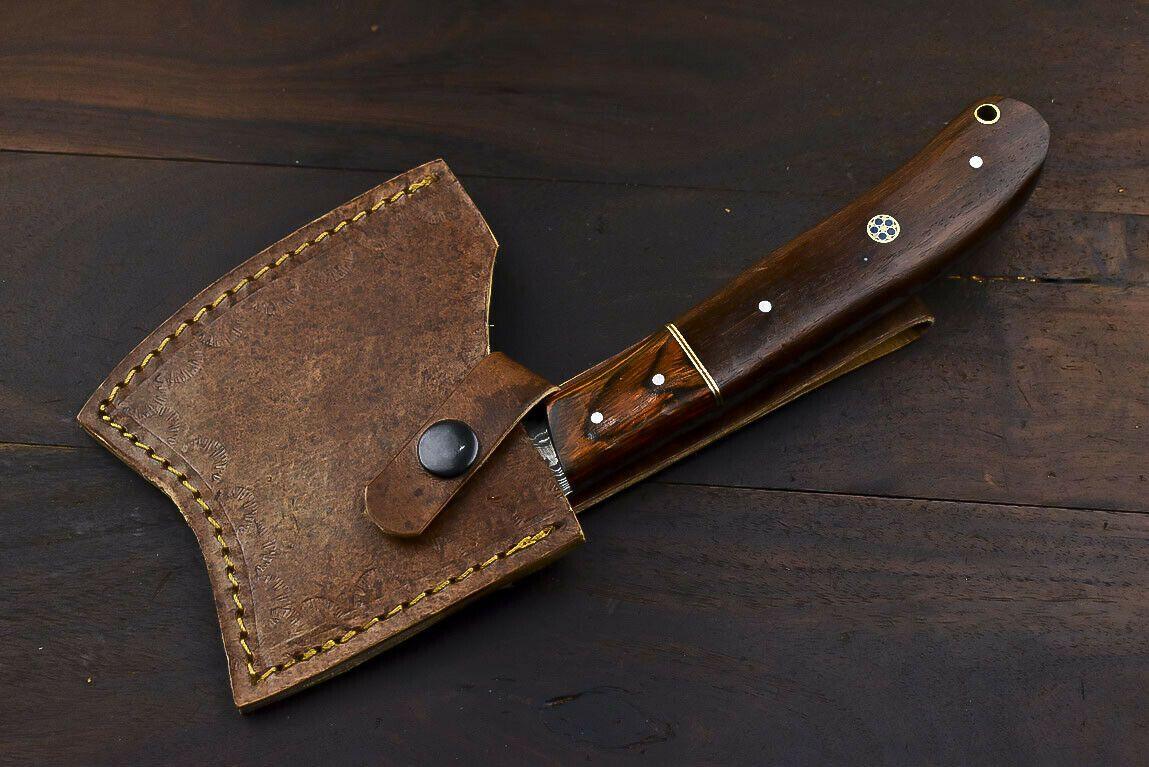 Rare Handmade Damascus Steel Walnut Wood Hunting Clever Chopper Axe Knife with Leather Sheath