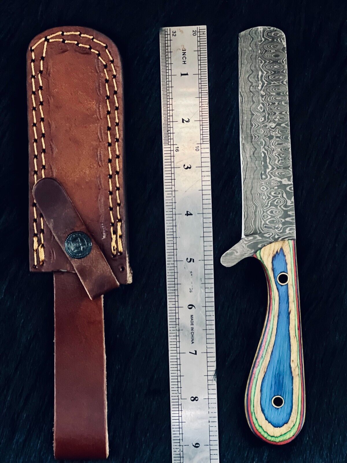 9" Cowboy Bowie Knife – Damascus Steel Blade & Wood Handle