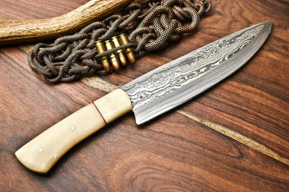 Premium Hand Forged Damascus Steel Chef Knife | Camel Bone Handle | Full Tang Kitchen Blade