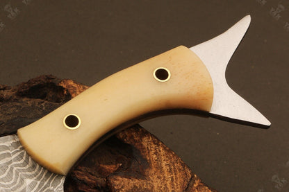 8" Hand Forged Rain Drop Damascus Steel Bowie Knife | Camel Bone Handle