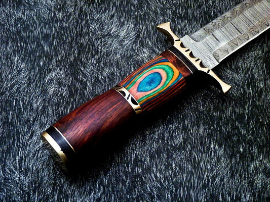 14" Hand Forged Damascus Steel Bowie – Twist Pattern Hunting Knife with Natural Wood & Brass Handle