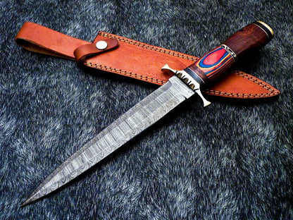 14" Hand Forged Damascus Steel Bowie – Twist Pattern Hunting Knife with Natural Wood & Brass Handle