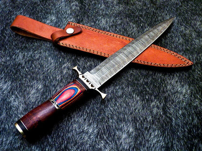 14" Hand Forged Damascus Steel Bowie – Twist Pattern Hunting Knife with Natural Wood & Brass Handle