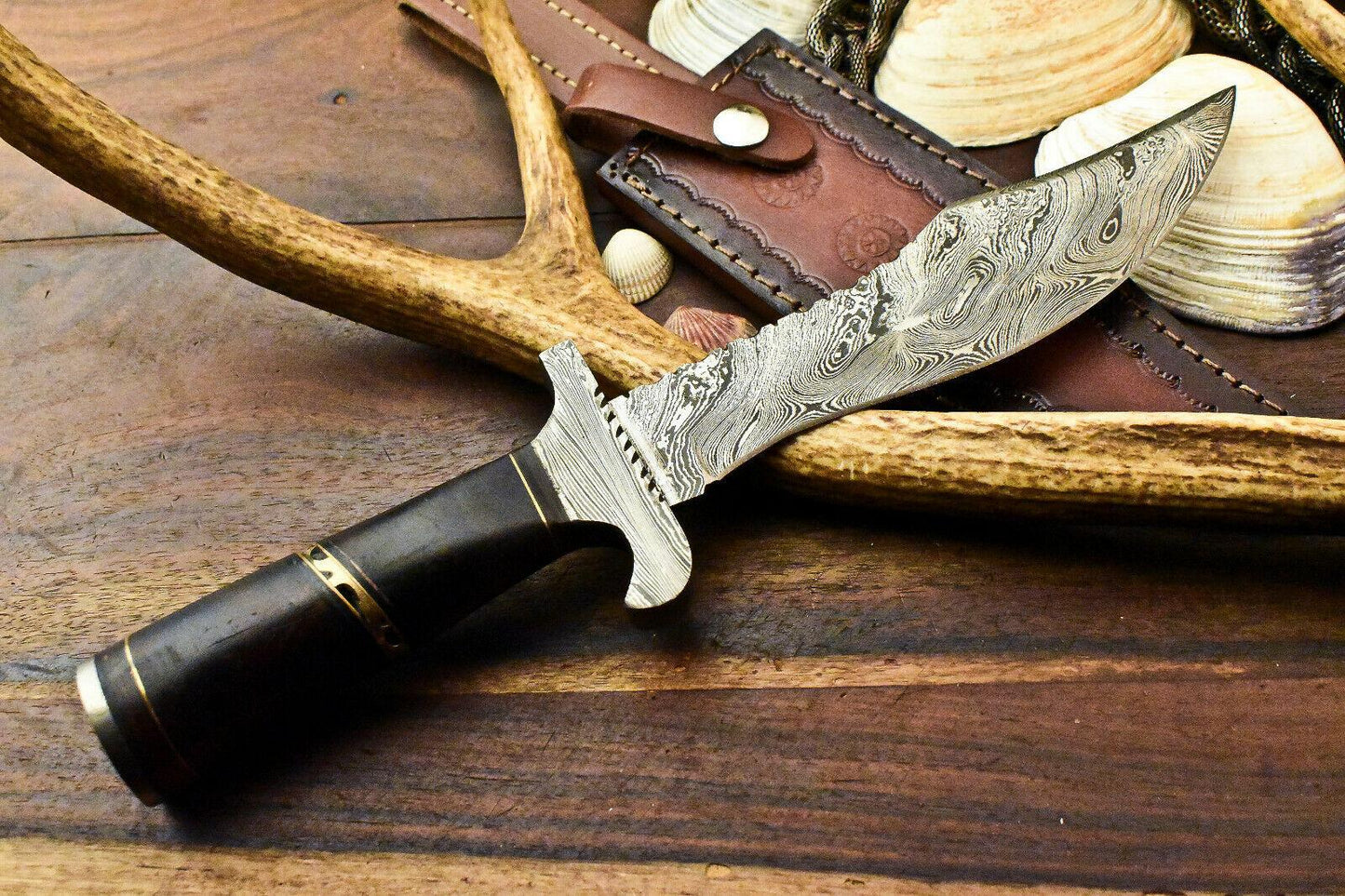 12.5" Damascus Hunting Bowie Knife – Walnut Wood Handle