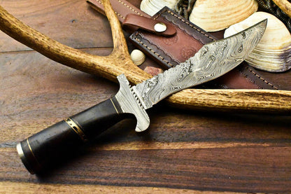 12.5" Damascus Hunting Bowie Knife – Walnut Wood Handle