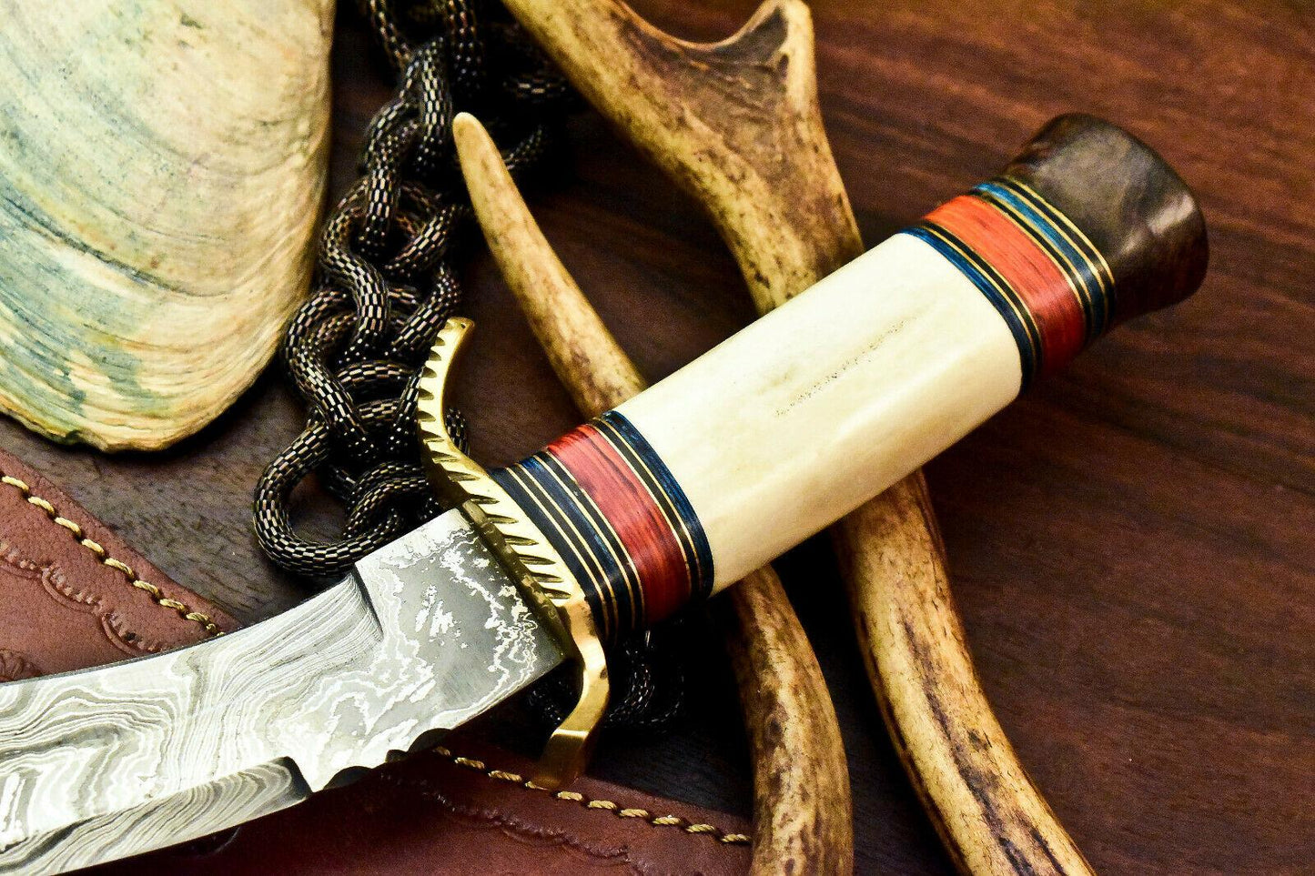 13.5" Damascus Bowie Hunting Knife – Camel Bone Handle with Leather Sheath