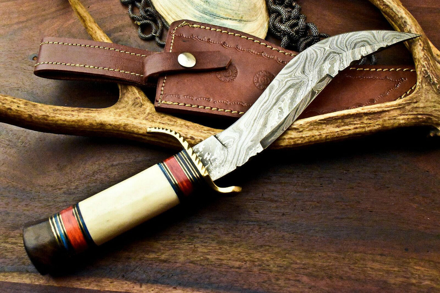 13.5" Damascus Bowie Hunting Knife – Camel Bone Handle with Leather Sheath