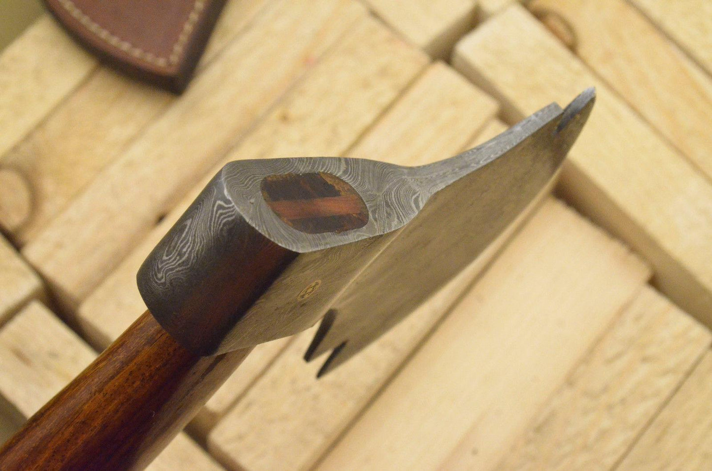 Hand Forged Damascus Tomahawk Axe with Natural Wood Handle and Leather Sheath