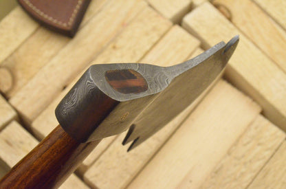Hand Forged Damascus Tomahawk Axe with Natural Wood Handle and Leather Sheath