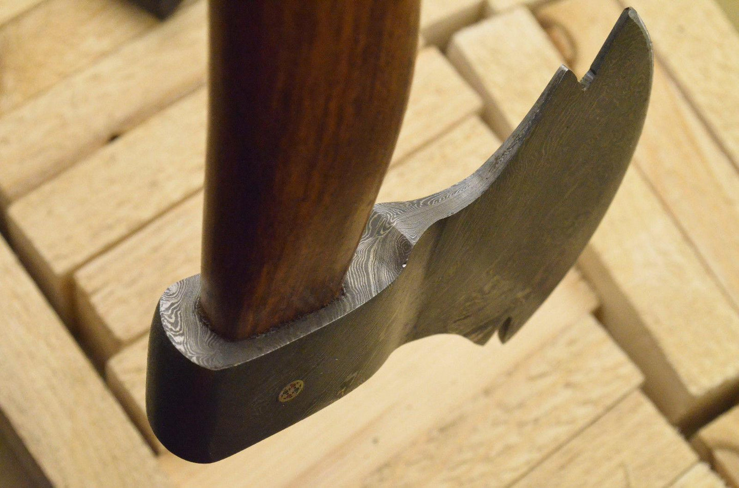Hand Forged Damascus Tomahawk Axe with Natural Wood Handle and Leather Sheath