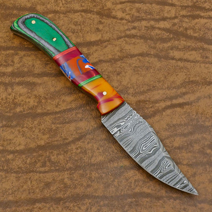 Heritage Forge Handmade Damascus Skinner Hunting Knife with Resin and Wood Handle – Custom Fixed Blade Knife