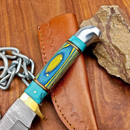 9" Damascus Steel Hunting Knife with Hardwood Handle & Leather Sheath