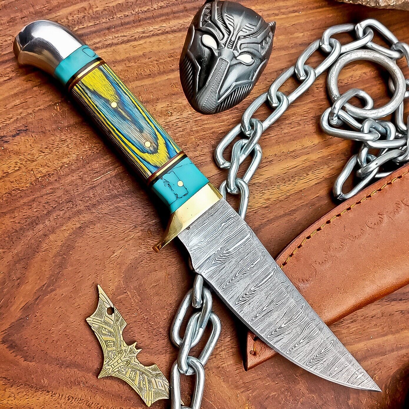 9" Damascus Steel Hunting Knife with Hardwood Handle & Leather Sheath