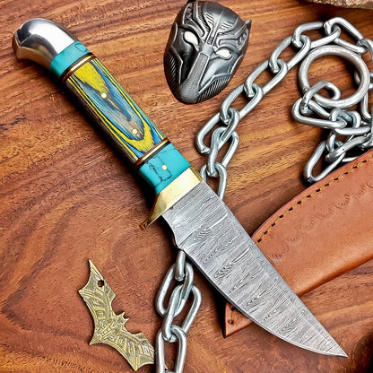 9" Damascus Steel Hunting Knife with Hardwood Handle & Leather Sheath