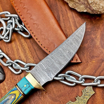 9" Damascus Steel Hunting Knife with Hardwood Handle & Leather Sheath