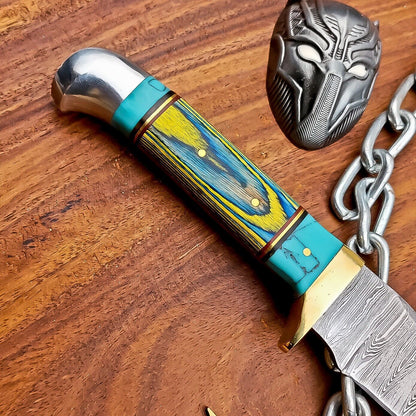 9" Damascus Steel Hunting Knife with Hardwood Handle & Leather Sheath