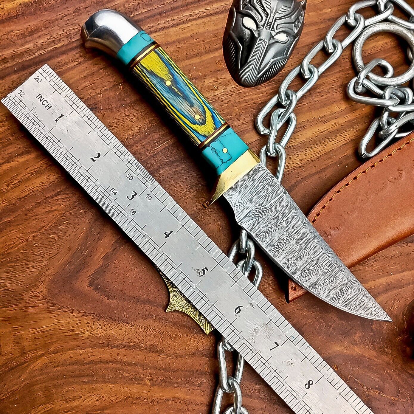 9" Damascus Steel Hunting Knife with Hardwood Handle & Leather Sheath