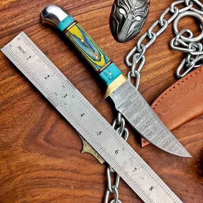 9" Damascus Steel Hunting Knife with Hardwood Handle & Leather Sheath