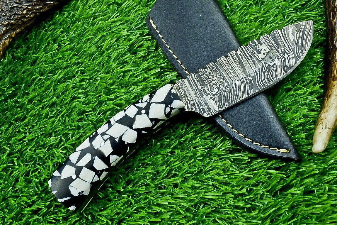 8" Custom Handmade Damascus Steel Bowie Knife – Resin Handle with Filework Spine