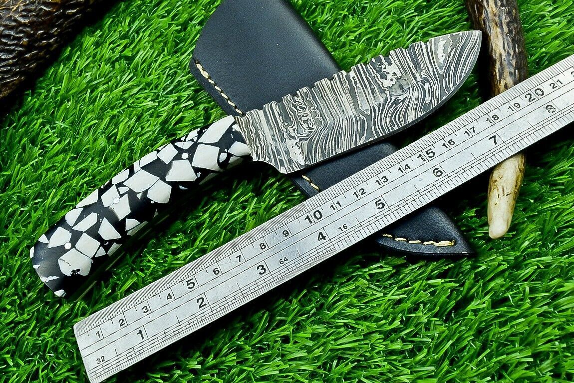8" Custom Handmade Damascus Steel Bowie Knife – Resin Handle with Filework Spine