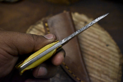 5.0 Inch Twist Damascus Skinner Knife Bone Handle Compact Hunting Blade