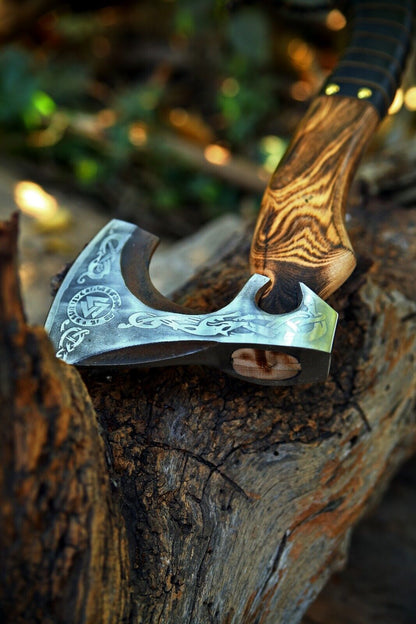 Handmade Replica Viking Axe Forged High Carbon Steel Tomahawk Hatchet with Leather Wrapped Handle and Case