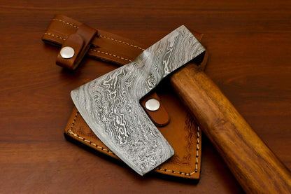 Handmade Damascus Steel Tomahawk Axe Hatchet with Walnut Wood Handle and Leather Sheath