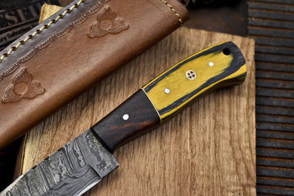 Custom Skinner Knife Twist Damascus Hard Wood Wooden Bolster Decorative w/ Leather Sheath
