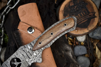 8.5" Gut Hook Skinner Knife Ladder Damascus Walnut Wood Hunting Tool