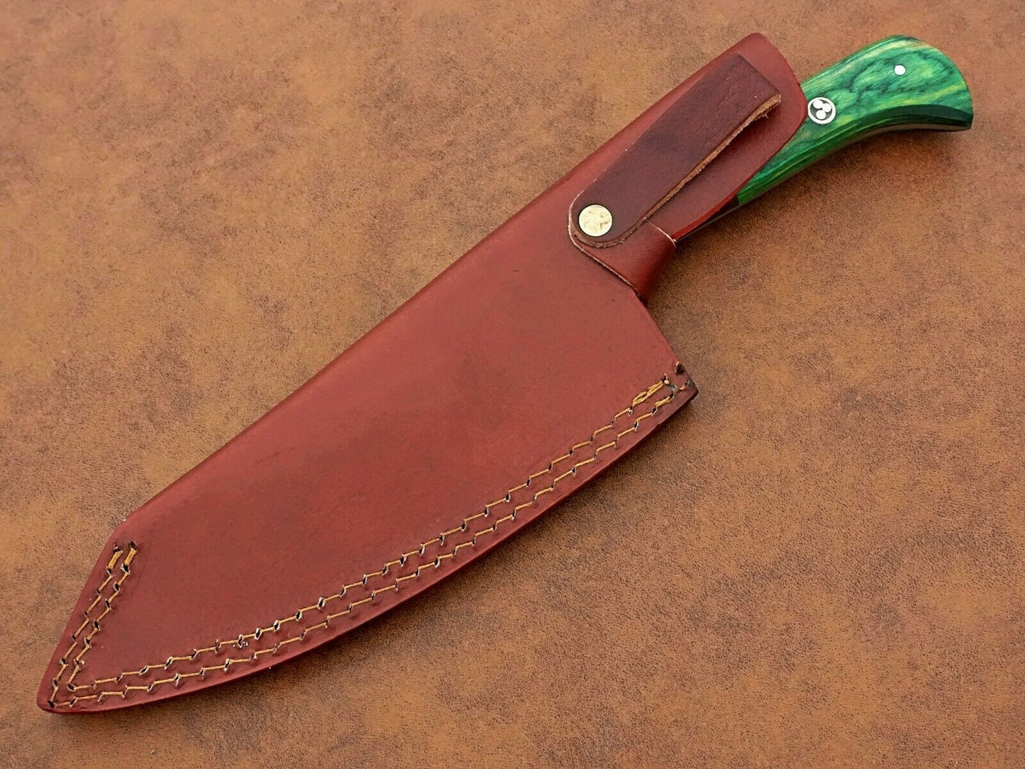 Custom Handmade Damascus Steel Chef Knife – BBQ Special Multi-Use Knife – 11” with Wood Handle & Leather Sheath