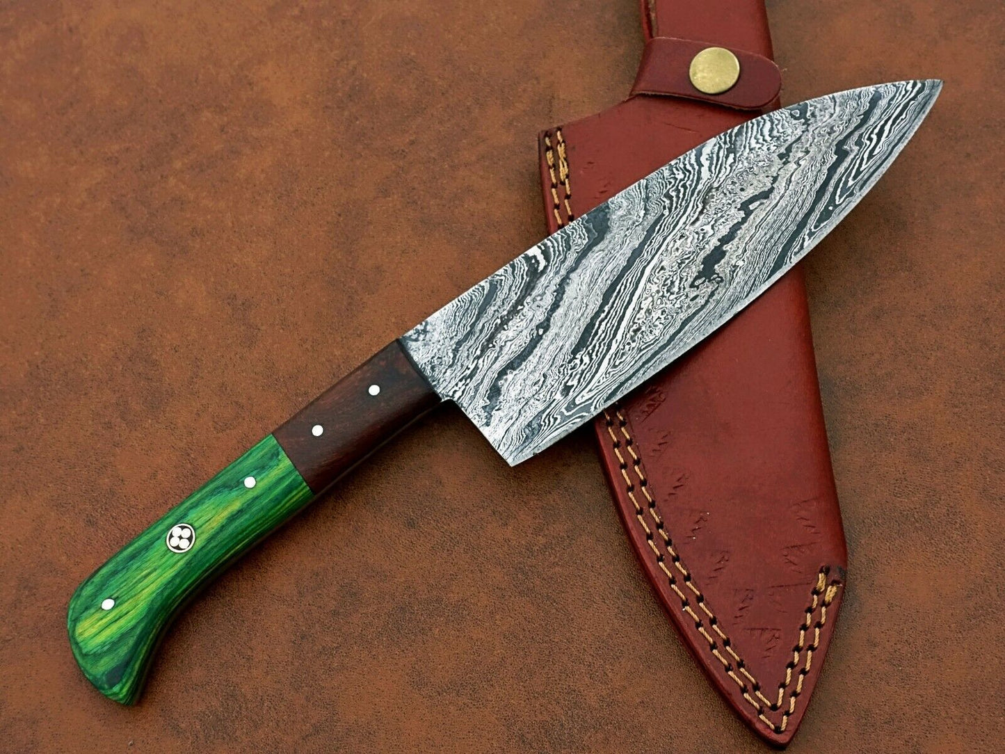 Custom Handmade Damascus Steel Chef Knife – BBQ Special Multi-Use Knife – 11” with Wood Handle & Leather Sheath