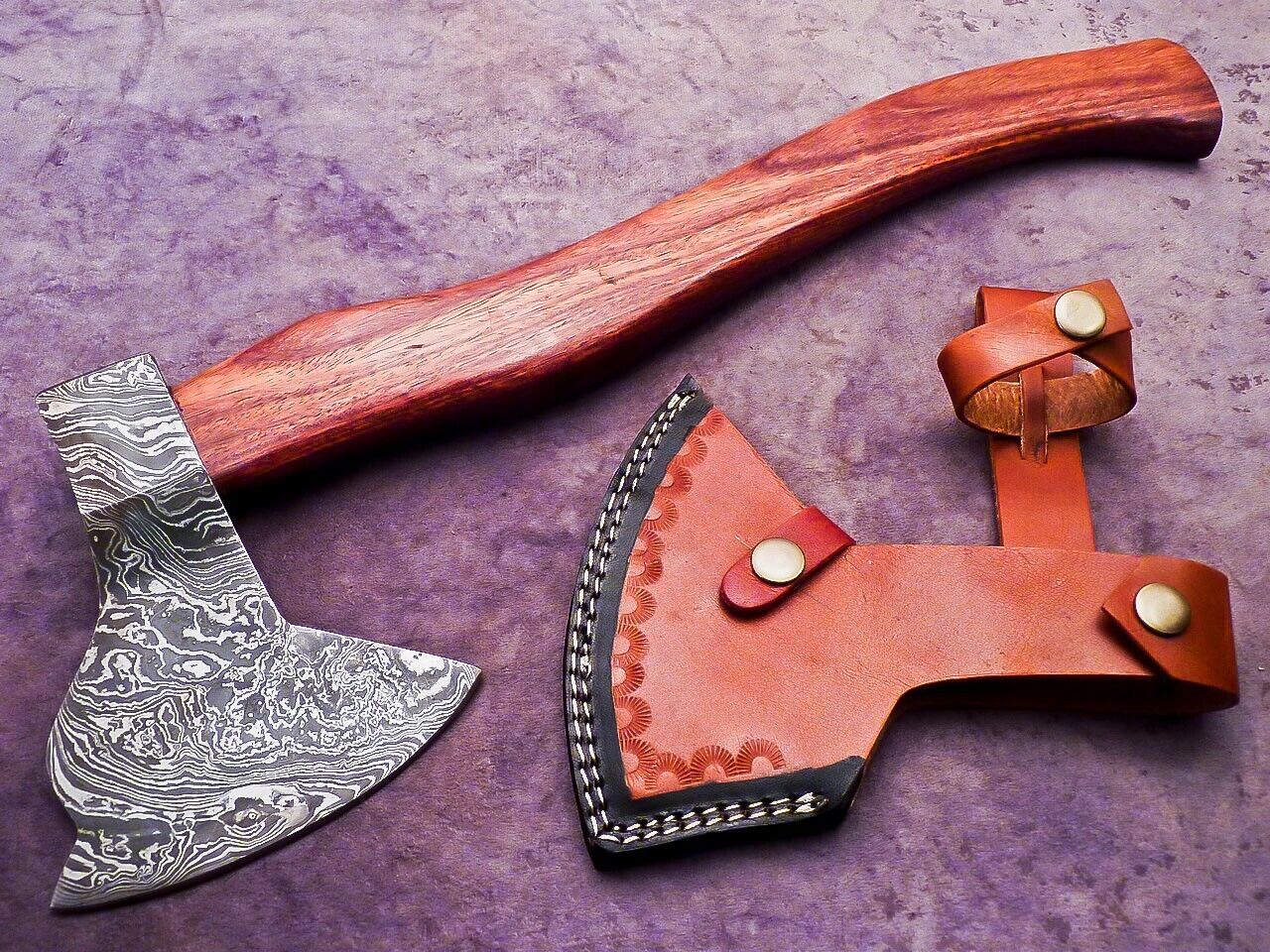 Handmade Damascus Steel Axe Unique Limited Edition with Natural Wood Handle and Leather Sheath