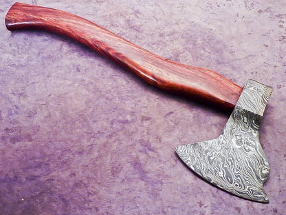 Handmade Damascus Steel Axe Unique Limited Edition with Natural Wood Handle and Leather Sheath