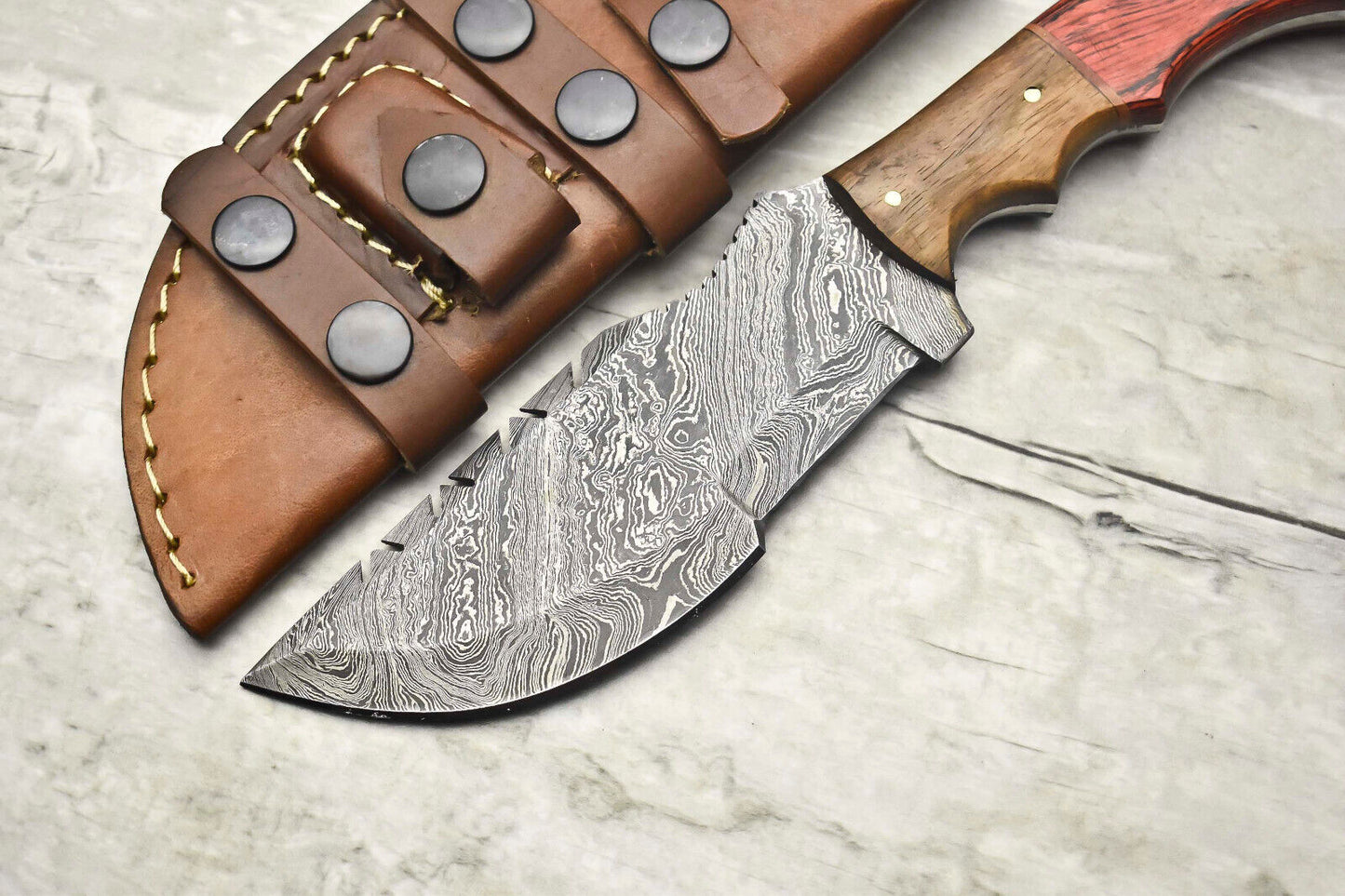 10" Handmade Damascus Steel Tracker Knife | Full Tang Camel Bone Handle with Leather Sheath