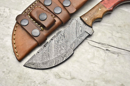 10" Handmade Damascus Steel Tracker Knife | Full Tang Camel Bone Handle with Leather Sheath