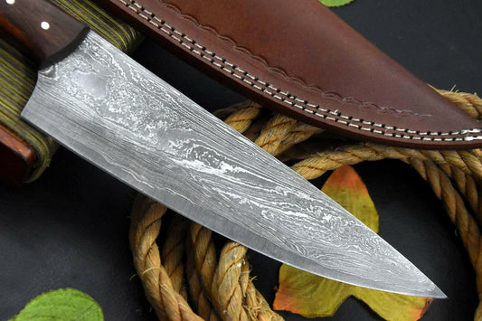 Custom Handmade Damascus Steel Chef Knife | 14.1" Overall, 8.8" Blade, Walnut Handle, Full Tang