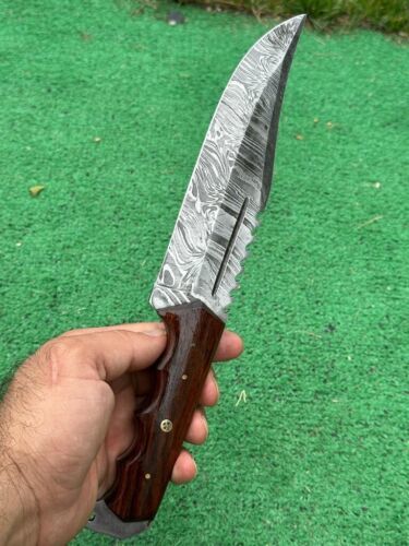 12" Custom Handmade Damascus Steel Tracker Knife – Tactical Hunting Survival with Leather Sheath