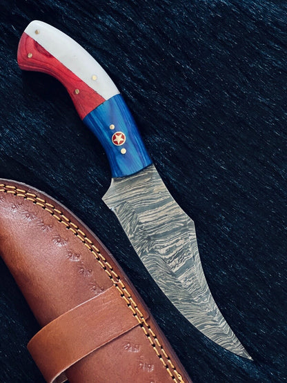 Heritage Forge 9.5 Inch Fire Damascus Steel Skinner Knife with Camel Bone and Wood Handle