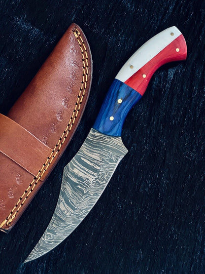 Heritage Forge 9.5 Inch Fire Damascus Steel Skinner Knife with Camel Bone and Wood Handle