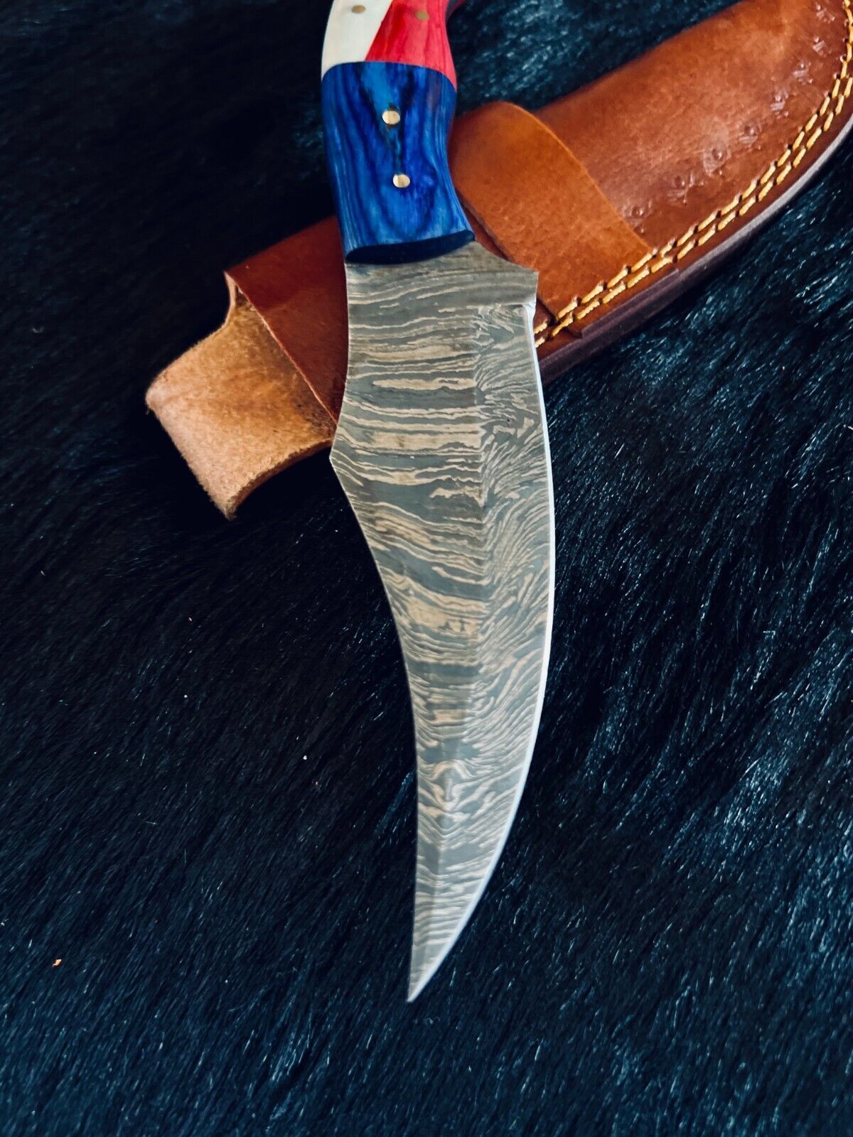 Heritage Forge 9.5 Inch Fire Damascus Steel Skinner Knife with Camel Bone and Wood Handle