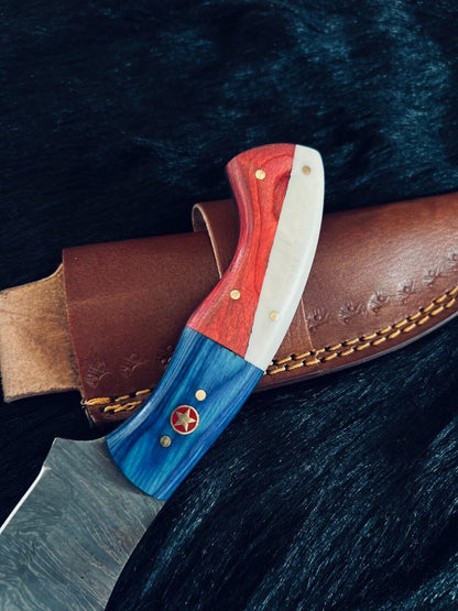 Heritage Forge 9.5 Inch Fire Damascus Steel Skinner Knife with Camel Bone and Wood Handle