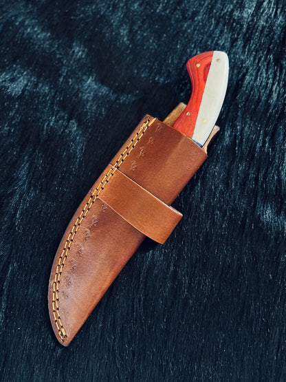 Heritage Forge 9.5 Inch Fire Damascus Steel Skinner Knife with Camel Bone and Wood Handle